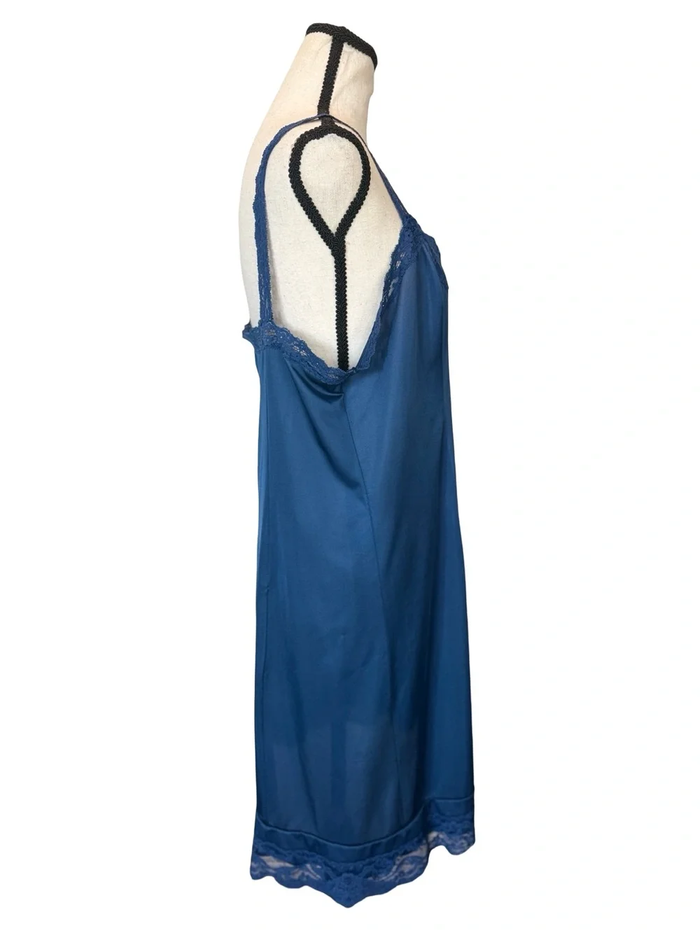 Vintage Sheer Elegance Blue Lace Trim Full Slip Nightgown USA Made Lingerie